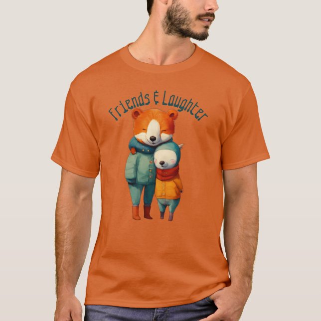 Camiseta Amigos Felizes Se Aconchegando - Amizade & Riso (Frente)