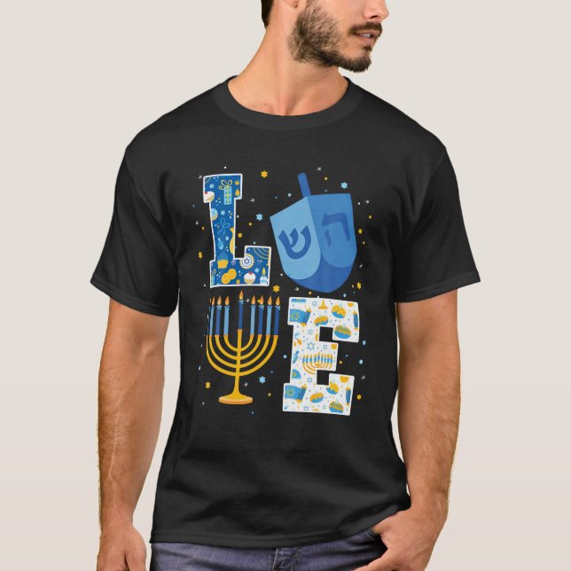 Camiseta Amo as Decorações de Chanucá Bonito Dreidel Menora (Frente)
