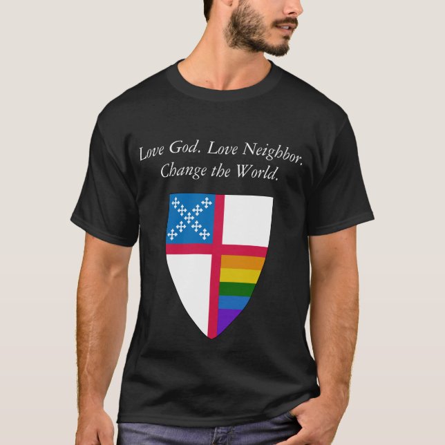 Camiseta Amo Deus. Vizinho do Amor. LGBTQ episcopal (Frente)
