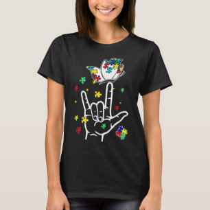 Camiseta Amo-te, ILYH e Sinal Linguagem Borboleta Autismo A