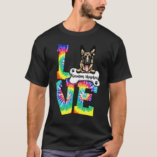Camiseta Amo Tinta Alemã Shepherd Dye Chuva de Cores Cachor (Frente)