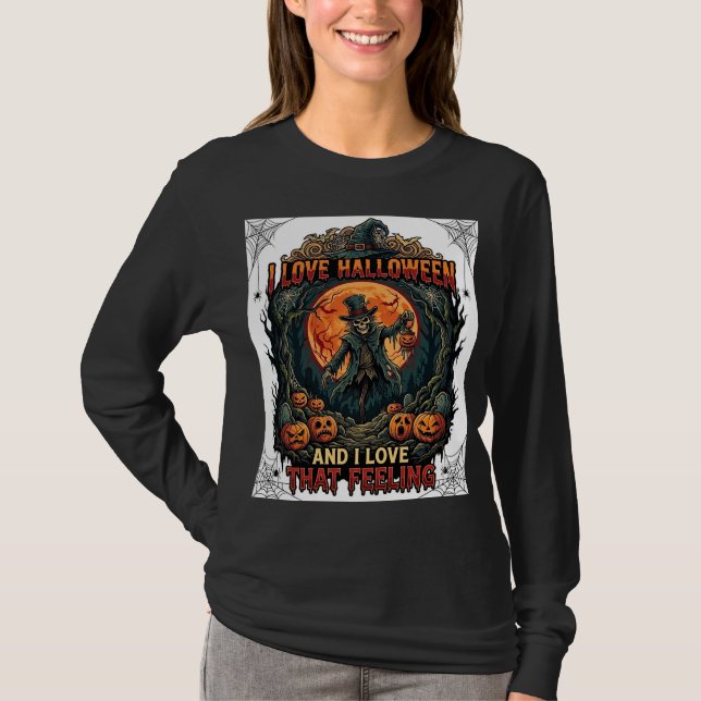 Camiseta Amor Abóbora Lua Cheia Espantalho Esqueleto Hallow (Frente)