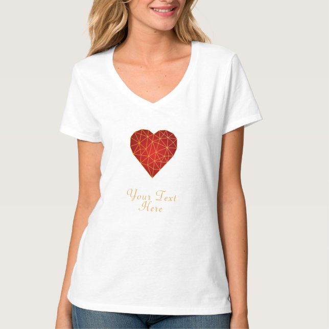 Camiseta amor cardíaco geométrico vermelho-do-ouro moderno  (Frente)
