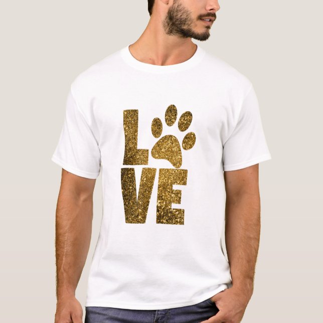 CAMISETA AMOR COM IMPRESSÃO DE PATAS EM GLAM GOLD (Frente)