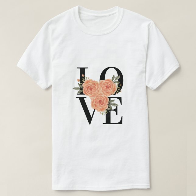 Camiseta AMOR com Rosas de Pêssego (Frente do Design)