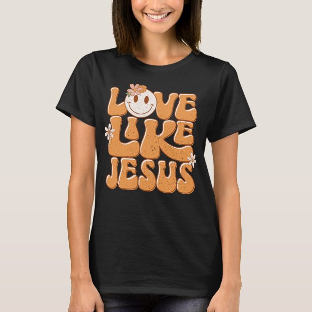 Camiseta Amor Como Jesus, Retro Laranja Feliz Rosto Cristão (Frente)