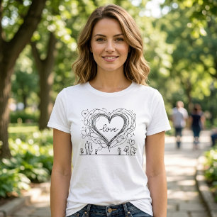 Camiseta Amor Coração com Linhas Desenhadas à Mão