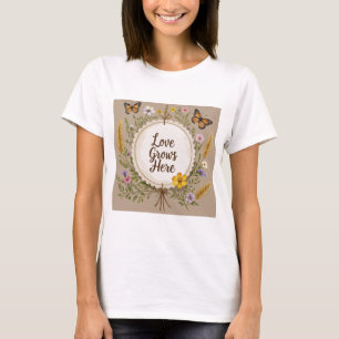 Camiseta Amor cresce vassoura, flores silvestres, trigo, bo