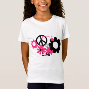 Camiseta Amor da paz e flores rosa quente e preto