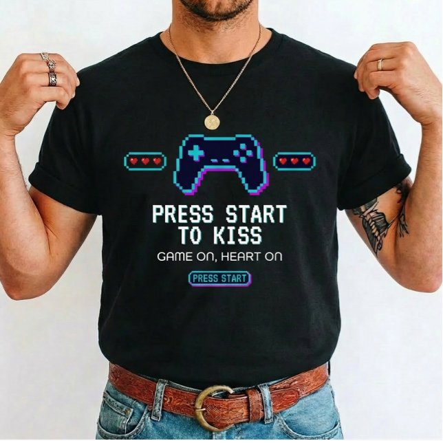 Camiseta  Amor de Gamer Pressione Start para Beijar para jo (Criador carregado)