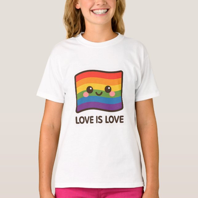 Camiseta Amor é Amor - Design do Arco-Íris Kawaii (Frente)