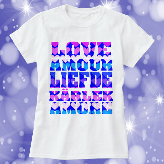 Camiseta Amor em muitas línguas cor-de-rosa azul roxo