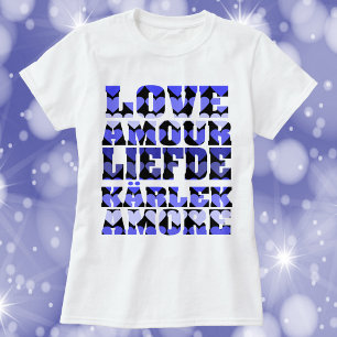 Camiseta Amor em muitas línguas Corações Azul