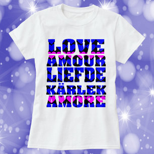 Camiseta Amor em muitas línguas Texto Corações Rosa Azul