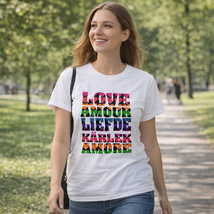 Camiseta Amor em Muitos Idiomas Corações Neon