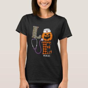 Camiseta Amor Enfermeira ER Leopardo Abóbora Halloween Enfe