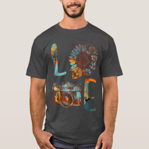 Camiseta Amor Fotografia Câmera Sunflower Vintage Lover