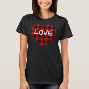 Camiseta Amor, padrão de xadrez de búfalo vermelho, coração
