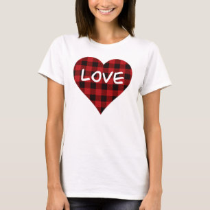Camiseta Amor, padrão de xadrez de búfalo vermelho, coração