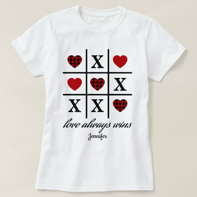 Camiseta Amor Sempre ganha Tic Tac Toe Red Buffalo Corações (Frente do Design)