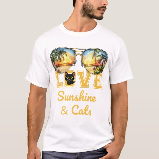 Camiseta AMOR Sol e Gatos | Verão de Gato Negro Tropical (Frente)