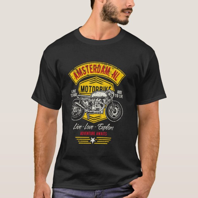 Camiseta Amsterdã Holanda Design de Motocicleta Retrô (Frente)