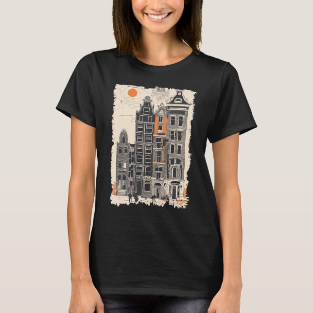 Camiseta Amsterdam Vintage Dutch Street Houses Viagem Art (Frente)