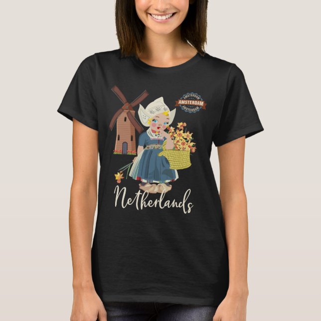 Camiseta Amsterdão, (Holland) menina holandesa holandesa (Frente)