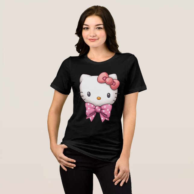 Camiseta Amuleto de Gatinho com Laço Rosa (Frente Completa)