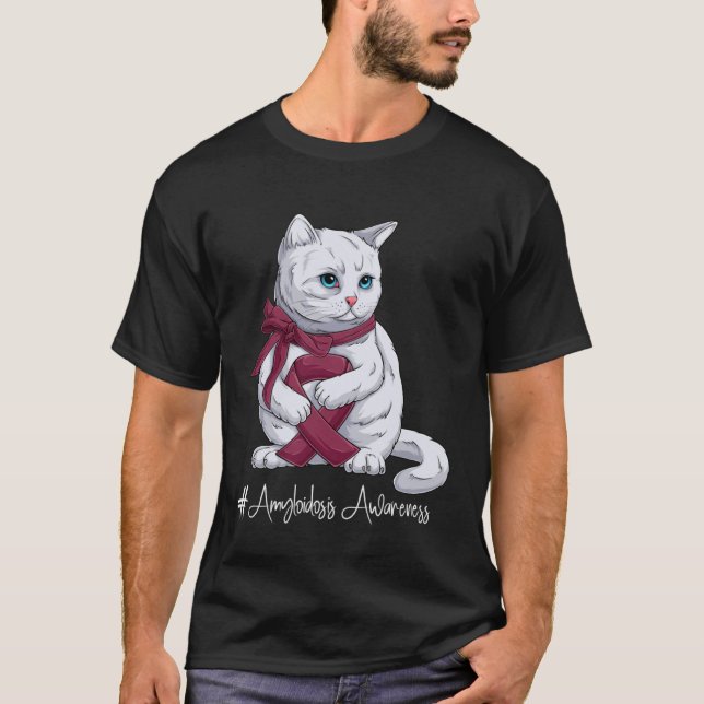 Camiseta Amyloidosis Awareness Month Burgundy Ribbon Cat (Frente)