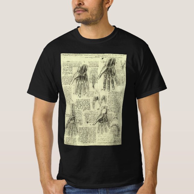 Camiseta Anatomia da Mão Humana de Leonardo da Vinci (Frente)