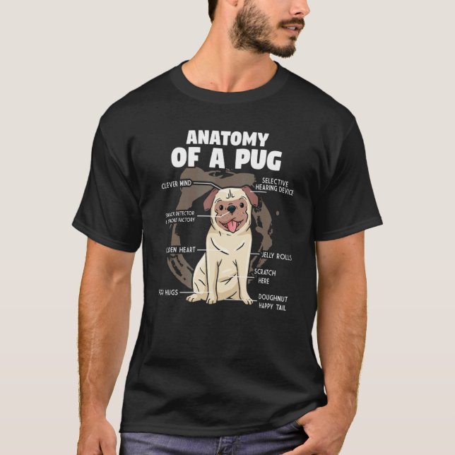 Camiseta Anatomia de um Pug Raça de Cachorro Pun (Frente)
