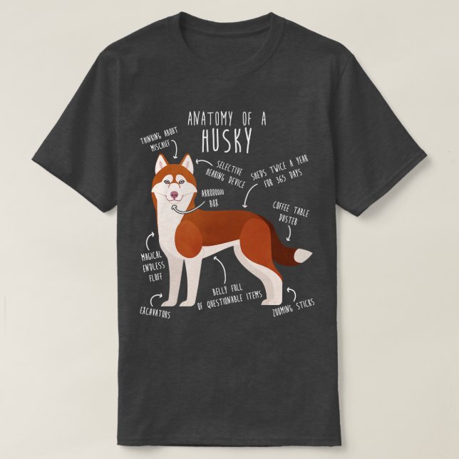 Camiseta Anatomia do Cachorro Siberiano Vermelho (Frente do Design)
