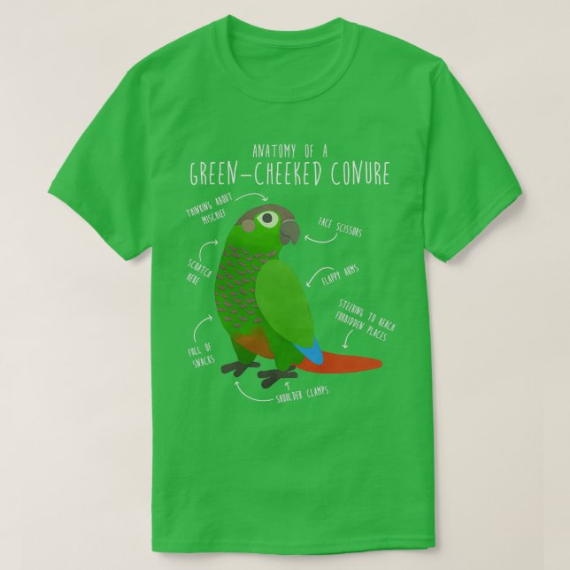 Camiseta Anatomia verde Cheek Conure (Frente do Design)