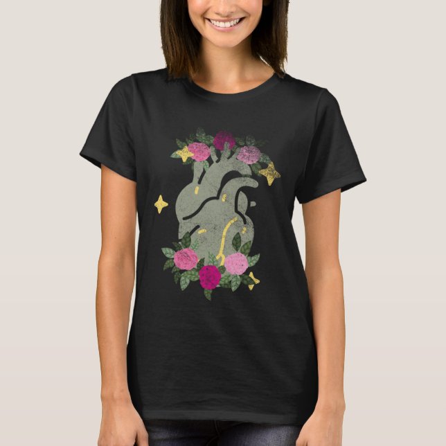 Camiseta Anatomical Heart And Flowers  Men Women Cardiologi (Frente)
