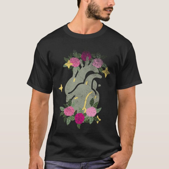 Camiseta Anatomical Heart And Flowers  Men Women Cardiologi (Frente)