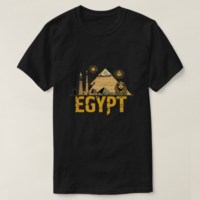 Camiseta Ancient Egypt Landmarks Graphic Design on Black Ba (Frente do Design)