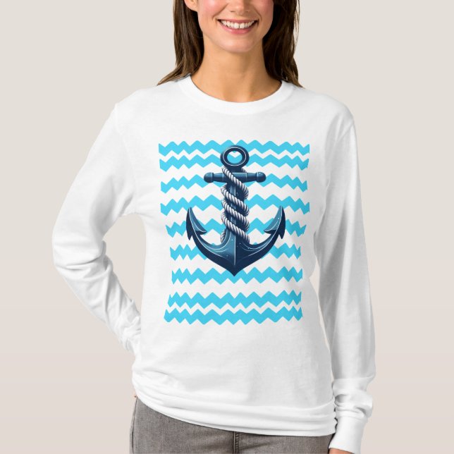 Camiseta Âncora azul com ondas azuis (Frente)