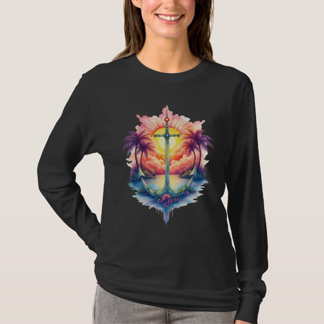 Camiseta Âncora solar num paraíso tropical.  (Frente)
