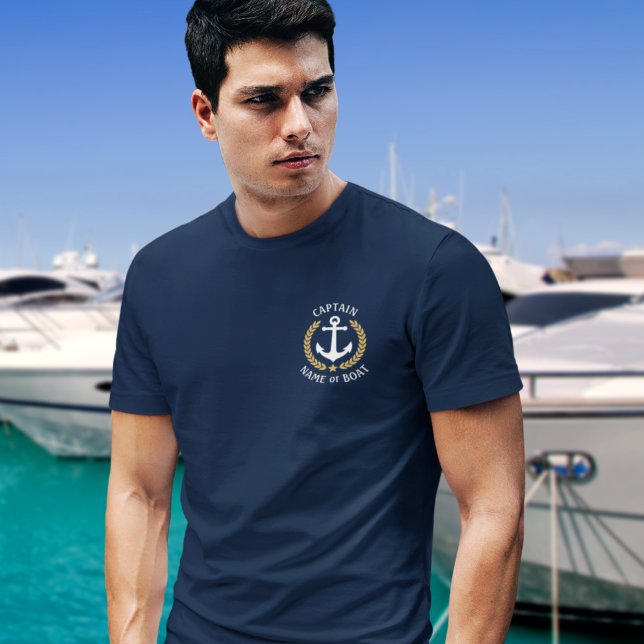 Camiseta Ancoragem Náutica Capitão Boat Nome Dourado Laurel (Several shirt styles and colors to choose from)