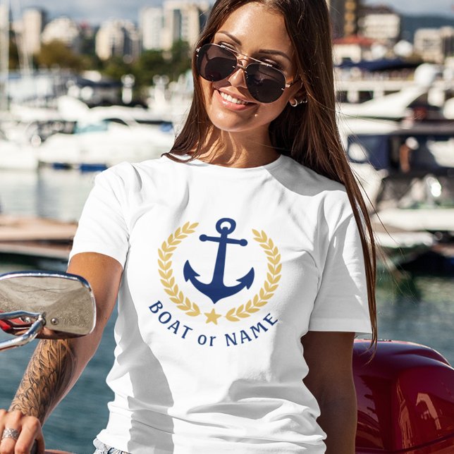 Camiseta Ancorar o nome do seu barco Dourado Laurel deixa b (Criador carregado)