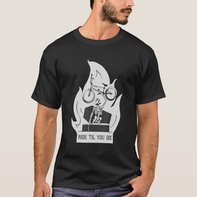 Camiseta Andar até morrer Skeleton Bicycle BMX Stunt (Frente)