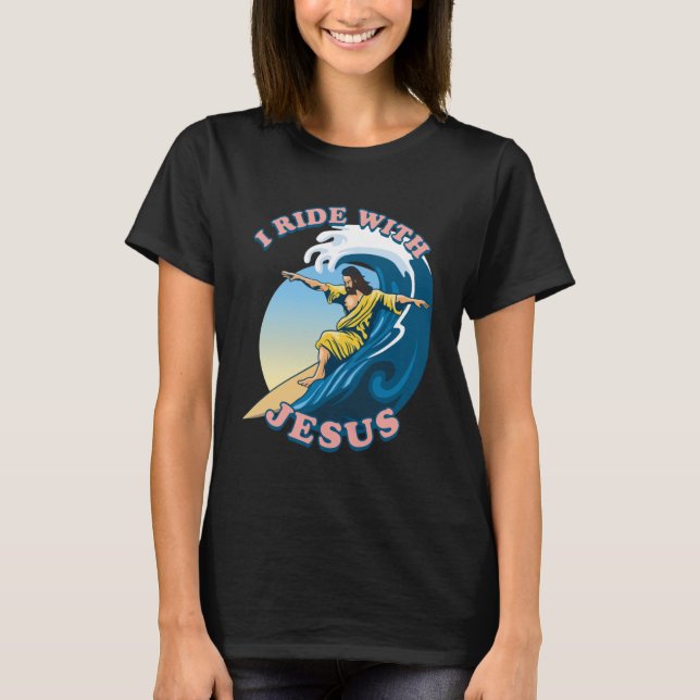 Camiseta Andar com Jesus | Ilustração de Jesus surfando (Frente)