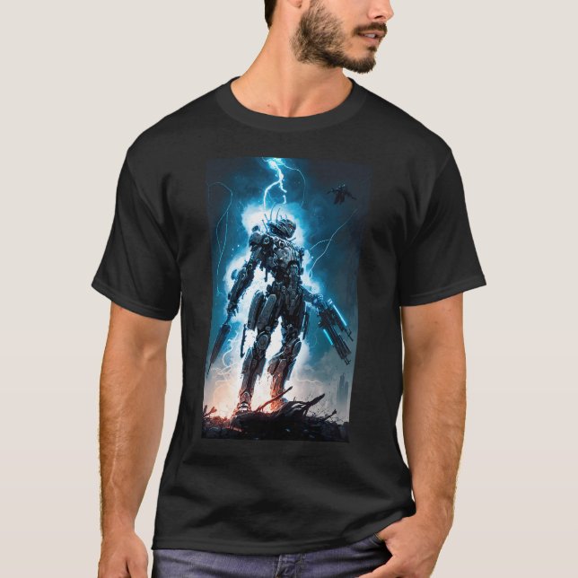 Camiseta androide cibernético combatendo o crime (Frente)