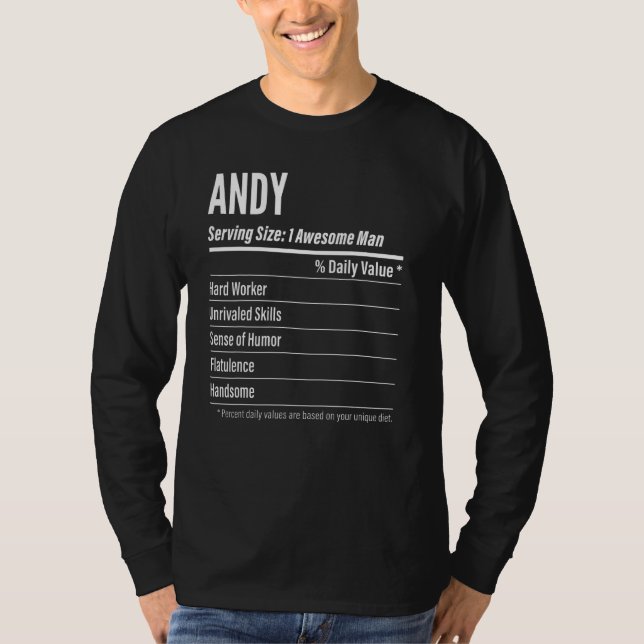 Camiseta Andy Servindo Calorias de Rótulo de Nutrição do Ta (Frente)