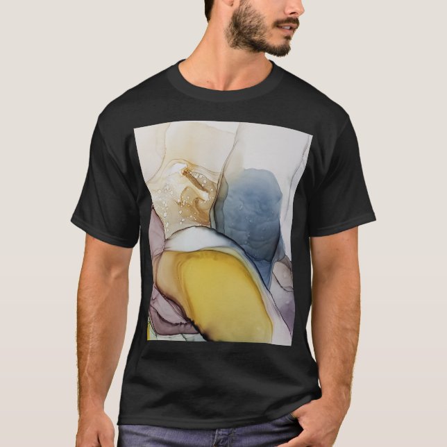 Camiseta Anéis de álcool, tom amarelo, abstrato. (Frente)