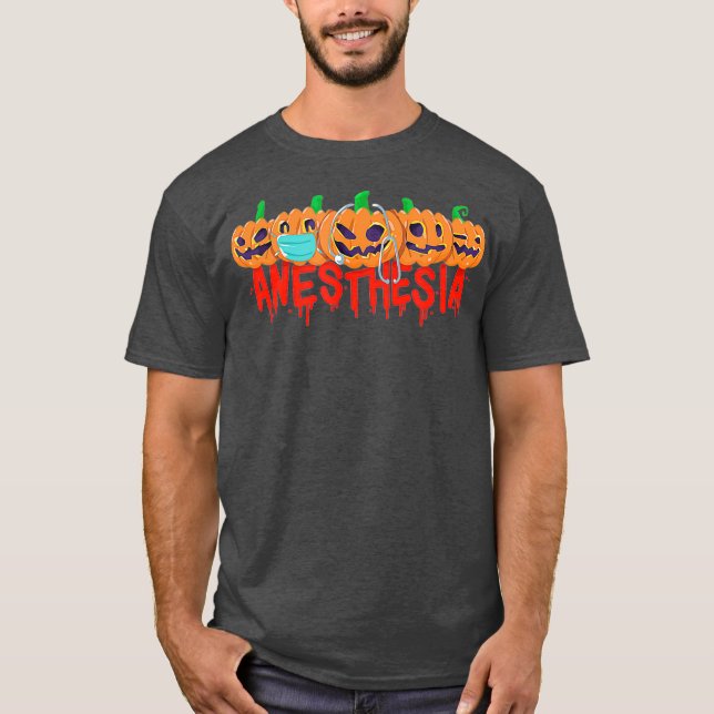 Camiseta Anestesia Halloween Pumpkins com máscara e (Frente)