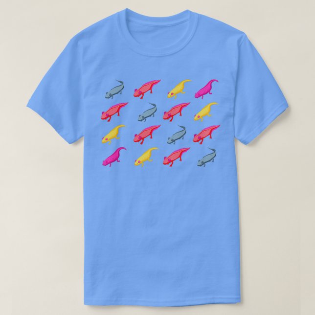 Camiseta Anfíbios de múltiplas cores Axolotl (Frente do Design)