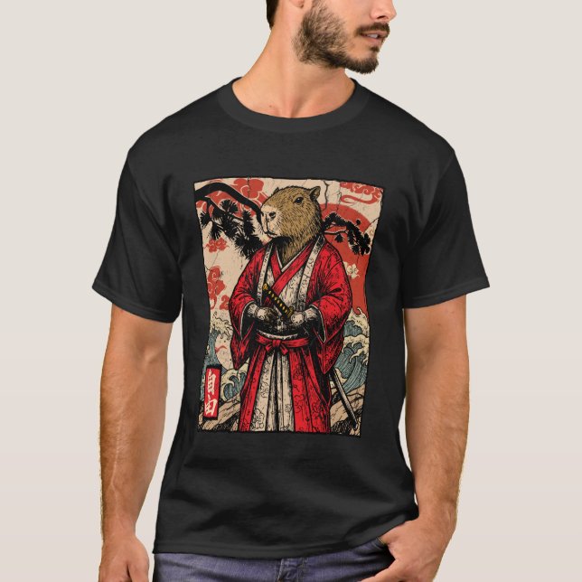 Camiseta Animação de Arte Ukiyo-e do Samurai Capivara Guerr (Frente)