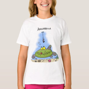 Camiseta Animação de peixe verde esfomeado e gordo
